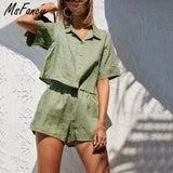 Kukombo Cotton Summer Sets Women 2022 Harajuru Green Short Sleeve Loose Shirt Elastc Waist Shorts Two Pics Pajamas