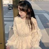 Kukombo  2022 Winter Lace Fairy Dress Women Sweet Flare Sleeve Casual Korean Party Dress Female Elegant Slim Design Evening Vintage Dress