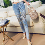 Kukombo  Heavy industry Fashion Women's Handmade Beaded Jeans Lady Rhinestones Diamond Denim Jeans Hole Skinny High Stretch Pencil Pants