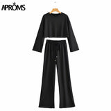 Christmas Gift Aproms White Black Knitted Women's 2 Piece Suits Casual Flare Sleeve Cropped Top and Pants Set Female High Waist Homesuits 2021