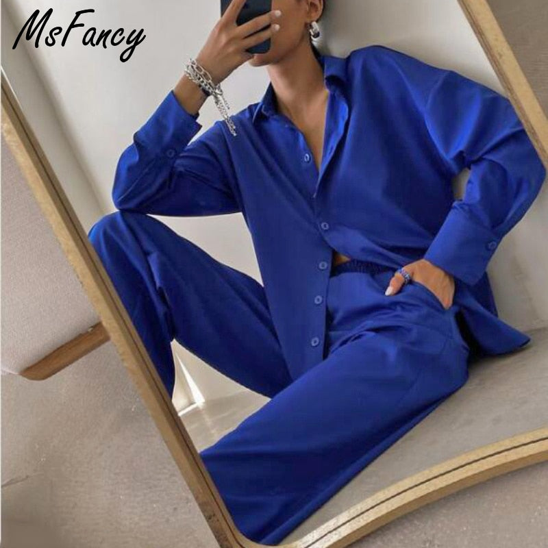 Christmas Gift Msfancy Summer Pant Sets Women Long Sleeve Shirt Elastic Wait Wide Leg Trousers 2 Pieces Sets 2021 Female Casual Outfit