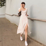 Kukombo Midi Dress Women Elegant A-Line Korean Vintage Purple Chiffon Summer Woman 2022 Dresses Party Square Collar Boho Vestidos