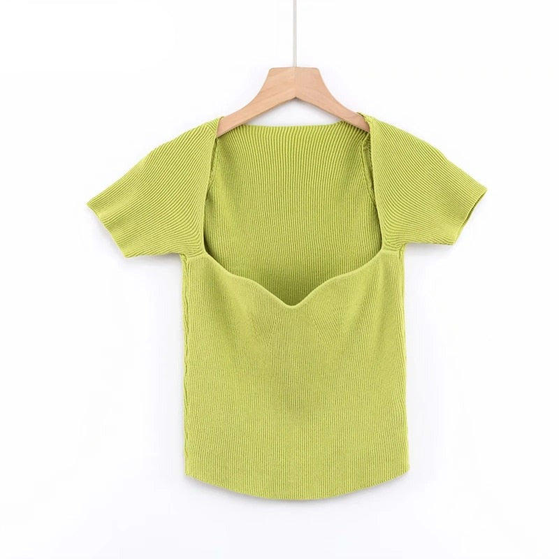 Kukombo Aproms Green Square Neck Ribbed Knitted T-shirt Women Sexy Solid Color High Strench Tshirt Cool Girls Street Style Crop Top 2022