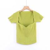 Kukombo Aproms Green Square Neck Ribbed Knitted T-shirt Women Sexy Solid Color High Strench Tshirt Cool Girls Street Style Crop Top 2024