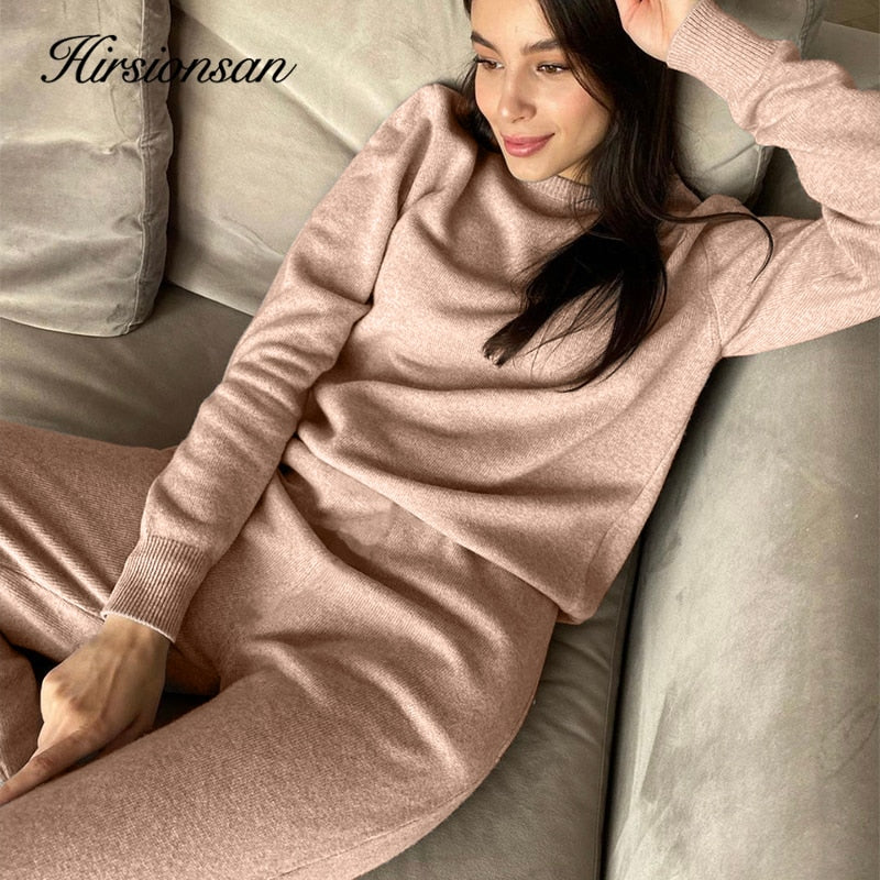 Christmas Gift Hirsionsan Basic Two Piece Knitted Loose Pants and O Neck Sweater Women 2021 Autumn Winter Warm Sets Female Tracksuits Pullovers
