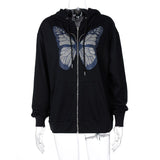 Kukombo Streetwear Oversized Big Butterfly Zipper Hoodie Jacket Sweatshirt Zip-Up Loose Autumn Casual Hoodies Jacket Coat For Women
