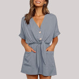 Kukombo  Women Summer Casual Buttons Jumpsuits 2022 Fashion Solid Pockets Jumpsuit With Belt V-Neck Short Sleeve Female Rompers Playsuit