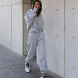 Women's Tracksuit Casual Solid Long Sleeve Hooded Sport Suits Autumn Warm Hoodie Sweatshirts and Long Pant Fleece Two Piece Sets