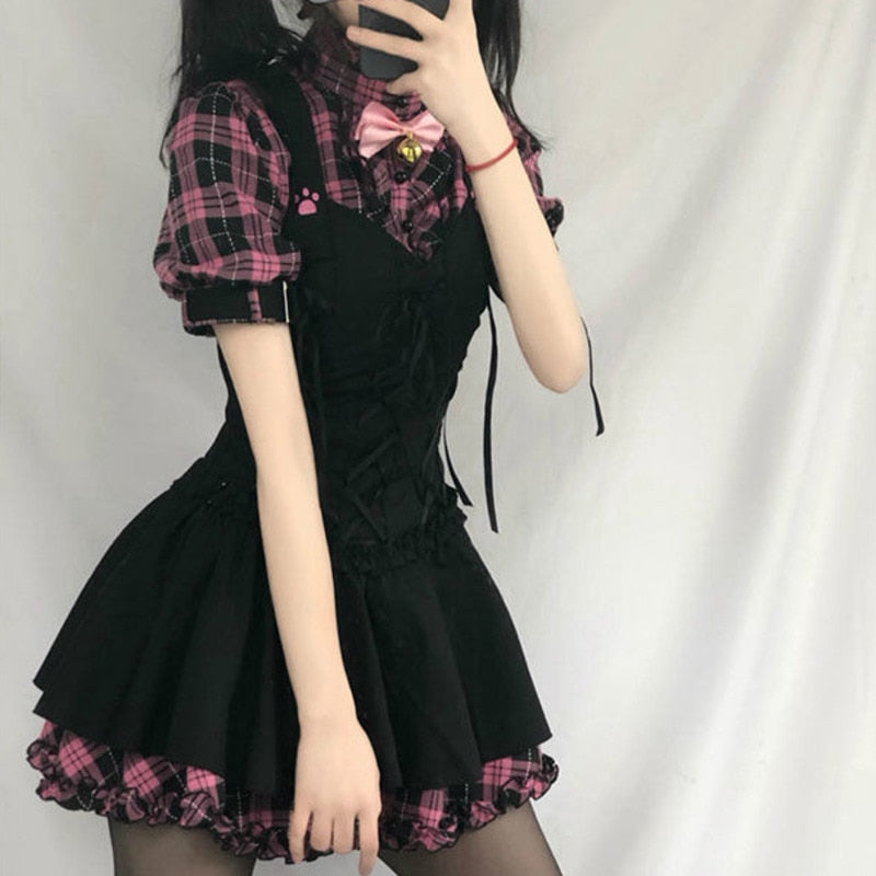 Kukombo Summer Dresses For Women Plaid 2022 Kawaii Pink Clothes Short Sleeve Strap Midi Dress Lolita Harajuku Cottagecore Robe Y2K