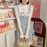 Kukombo Blue Lolita Kawaii Strap Dress Women Japanese Lace Patchwork Sweet Mini Dress Female Korean Split Bow Designer Cute Dress