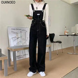 Kukombo Women's Denim Jumpsuits Black Straight Tube Relaxed Chic Straps Trousers 2022 Korean Preppy Style Retro High Waist Denim Jeans