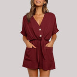 Kukombo  Women Summer Casual Buttons Jumpsuits 2022 Fashion Solid Pockets Jumpsuit With Belt V-Neck Short Sleeve Female Rompers Playsuit
