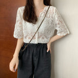 Kukombo Shirt Women Lace Summer Sun-Proof Simple Sexy Female Clothing Sheer Tops Preppy V-Neck Casual Trendy Harajuku Basic Korean New