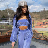 Kukombo Casual Wide Leg Pants Strapless Suit Women Two Piece Set High Waist Trousers Diamonds Crop Top Outfit Autumn Streetwear