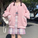 Kukombo Sweet Love Printed Baseball Jacket Women Autumn Winter New Style Plus Velvet Padded Pink Cardigan Jacket Button Up Female
