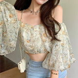 Kukombo Sexy Floral Blouse Tops Women French Vintage Designer Sweet Slim Strap Blouse Casual Puff Sleeve Outdoor Blouse Summer