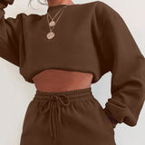 Kukombo Women Solid Tracksuits Casual Long Sleeve Pullover Sweatshirt And Drawstring Shorts Suits Fashion Loose Female Two Piece Sets