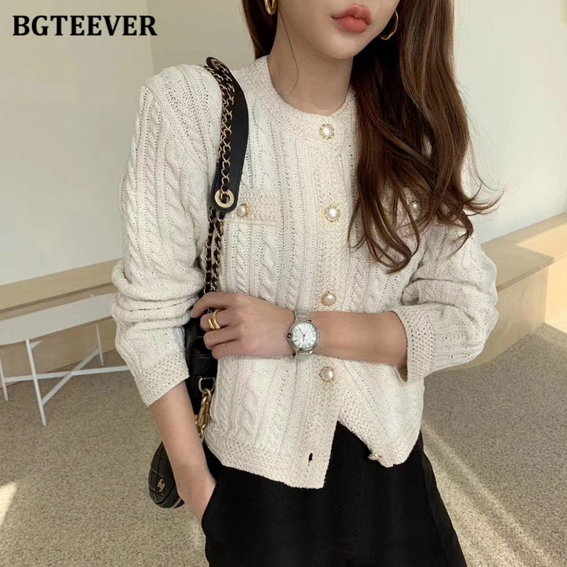 Christmas Gift BGTEEVER Elegant Women O-neck Knitted Cardigans Single-breasted Slim Twisted Sweater Female 2021 Autumn O-neck Outwear Tops
