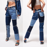 Kukombo Autumn Patchwork High Waist Straight Jeans Woman Pants Casual Denim Trousers Color Block Brown Streetwear Pants Jeans Woman
