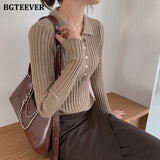 Christmas Gift BGTEEVER Elegant Turn-down Collar Single-breasted Women Sweaters Autumn Full Sleeve Slim Short Female Knitting Tops 2021
