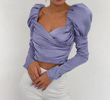 Kukombo Vintage Puff Sleeve Satin Shirt Elegant Women's Blouse Square Collar Folds Slim Crop Tops Autumn Sexy Chic Party Shirts