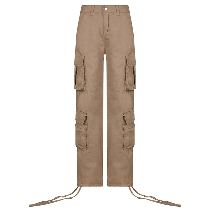 Kukombo Light Brown Big Pockets Casual Cargo Pants Women Low Waist Wide Leg Baggy Denim Trousers Vintage Oversized Jeans Street