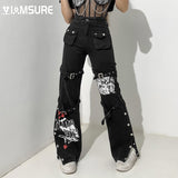 Kukombo Gothic Printed Jeans Casual Cool Streetwear Dark Loose Low Waisted Wid Leg Pants Women Fashion Trousers Autumn Winter
