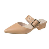 Kukombo Elegant Mules Women Closed Leather Casual Slippers Woman Metal Buckle High Heels Female Pointed Toe Shoes