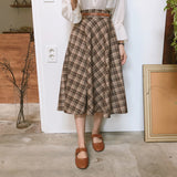 Christmas Gift Elastic waist  Vintage Skirts New Harajuku MI-long Plaid Skirt Women High Waist School Girls mid carf Pleated skirt