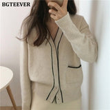 Christmas Gift BGTEEVER 2021Winter V-neck Elegant Women Sweater Cardigan Open Stitch Jumpers Female Single-breasted Knitted Cardigan