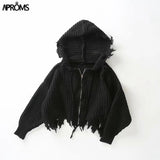 Christmas Gift Aproms Casual Tassel Hooded Knitted Sweater Women Zipper Loose Cropped Cardigans 2021 Winter Coat Cool Gilrs Streetwear Jumper