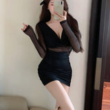 Kukombo Sexy Black Mesh Party Christmas Dress Transparent Elegant Bandage Bodycon Pencil Dress Women Pleated Mini Dress Female Vintage