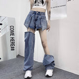 Kukombo  Jeans Women's Straight Tube Loose 2022 Summer New Personality Detachable Shorts High Waist Retro Skinny Wide Leg Jeans