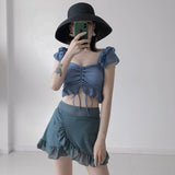 Kukombo High Waist Bikini Set Cute Women's Swimwear 2022 Sexy Draw String Ruffle Skirt Bathing Suit Two Piece Separates Swim Beach Wear