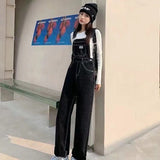 Kukombo Women's Denim Jumpsuits Black Straight Tube Relaxed Chic Straps Trousers 2022 Korean Preppy Style Retro High Waist Denim Jeans