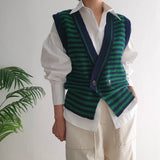 Kukombo 2022 New Spring Autumn Women Sweaters Striped Sleeveless Vest Waistcoat Knitted Vintage Wild Short Tops SWV3085JX