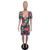 Kukombo Women Green Criss Cross Back Frill Hem Shift Dress Streetwear Sheath Flora Print Short Sleeve Above Knee Mini Summer Party Dress