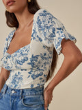 Kukombo Vintage Ivory Blue Flower Print Shirt Retro Elastic Ruched Back Square Collar Short Sleeve Short Blouse Tank Top Tops