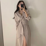Kukombo 2022 Spring Autumn Women Elegant Turn-Down Collar Tie Waist Shirt Dress High Fork Slim Casual Button Solid Ladies Clothes