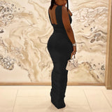 Kukombo Sleeveless Ruched Casual Maxi Dress Slim Evening Party Vestidos Long Dresses