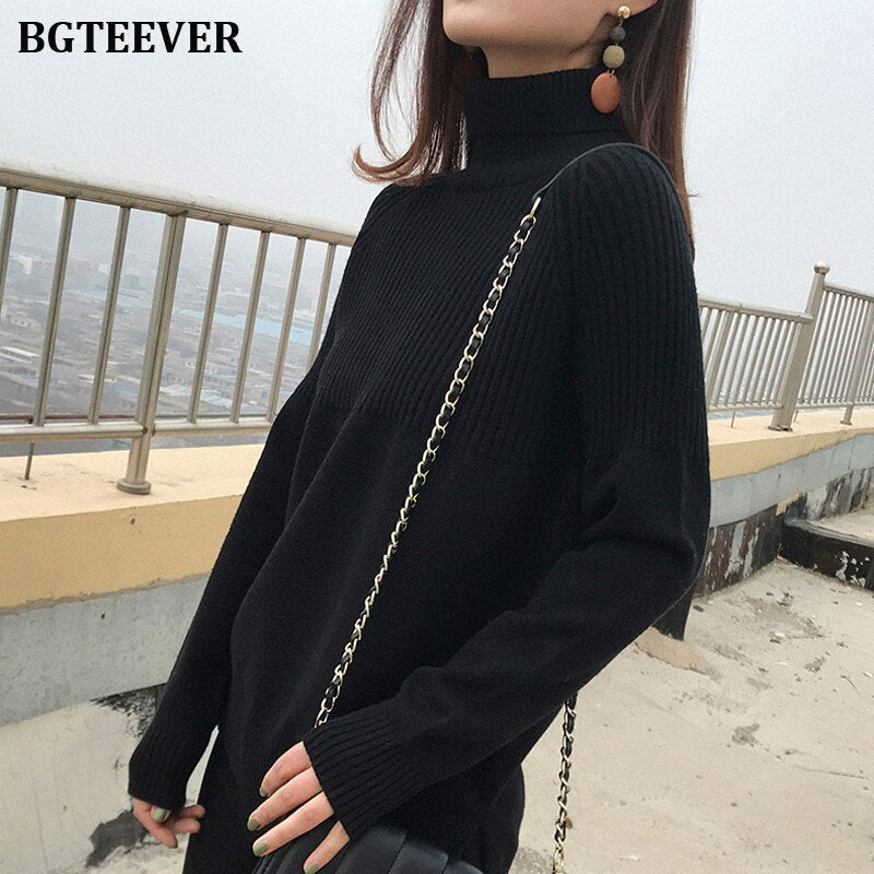 Christmas Gift BGTEEVER Vintage Thicken Striped Women Sweaters Autumn Winter Turtleneck Pullovers Jumpers Female Korean Knitted Tops femme 2019