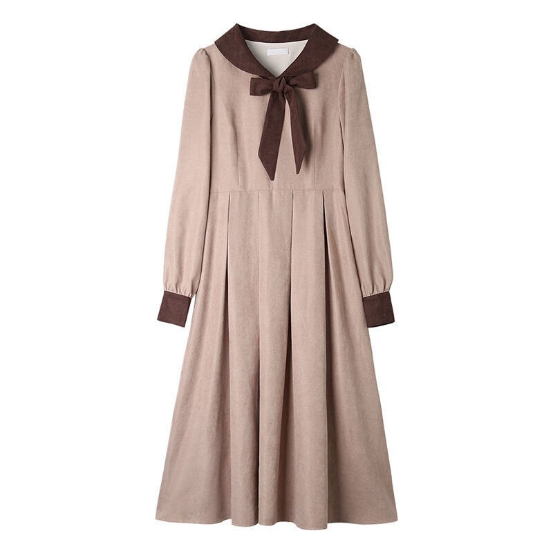 Christmas Gift Long Sleeve Dress Women New French Style Vintage College Bow Autumn Mid-calf Classy Peter Pan Collar Patchwork Vestido Feminino