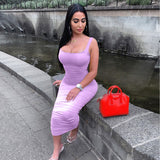 Kukombo ruched women midi shirt dress bodycon sexy sleeveless elegant party backless streetwear 2022 spring summer clothes club