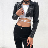 Black PU Leather Crop Jacket Street Wear Punk Style Womens Coats Long Sleeve Turn-Down Zipper Short Jacket 2022 Fashion