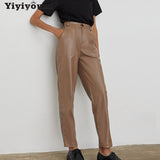 Christmas Gift Yiyiyouni Autumn Winter High Waist Fleece PU Leather Pants Women Casual Faux Leather Trouser Women Pockets Straight Pants Female