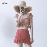 Kukombo High Waist Bikini Set Cute Women's Swimwear 2022 Sexy Draw String Ruffle Skirt Bathing Suit Two Piece Separates Swim Beach Wear
