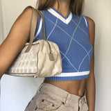 Christmas Gift HEYounGIRL  Argyle Sleeveless Sweater Vest Women Preppy Style V Neck Knitted Crop Jumper Autumn Casual Plaid Tank Knitwear