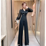 Christmas Gift Women's Autumn Chiffon Jumpsuit Long Sleeve Casual V-Neck Overalls Elegant Fashion Femme Wide-Leg Loose Streetwear Slim Romper
