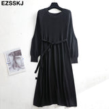 Christmas Gift 2021 autumn winter o-neck midi sweater dress women A-Line midi sweater dress with belt elegant a-line solid loose dress
