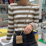 Kukombo New 2022 Spring Autumn Women's Sweaters Pullover Slim Bottoming Knitted Striped Vintage Korean Lady Wild Tops SW6690